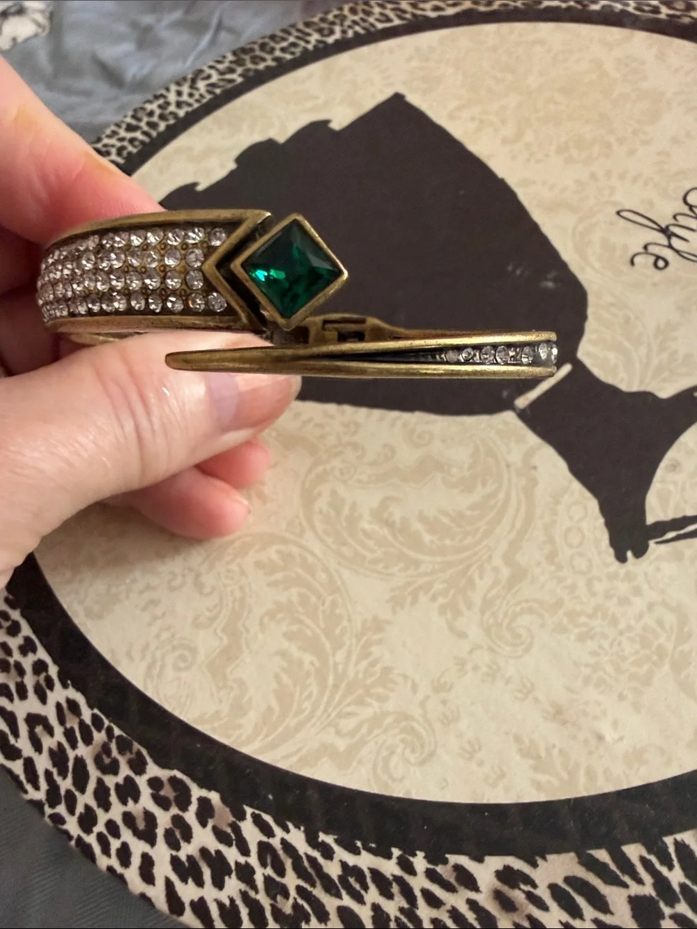 Vintage RG JM Gold Tone Bangle with Emerald Green Stone and many clear stones